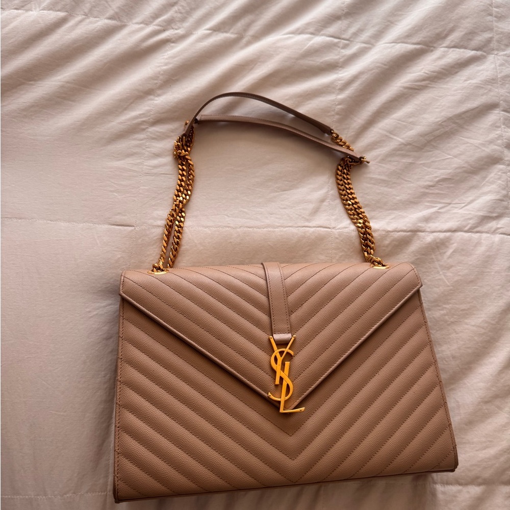 Yves Saint Laurent Tan Gold Chevron Shoulder Bag